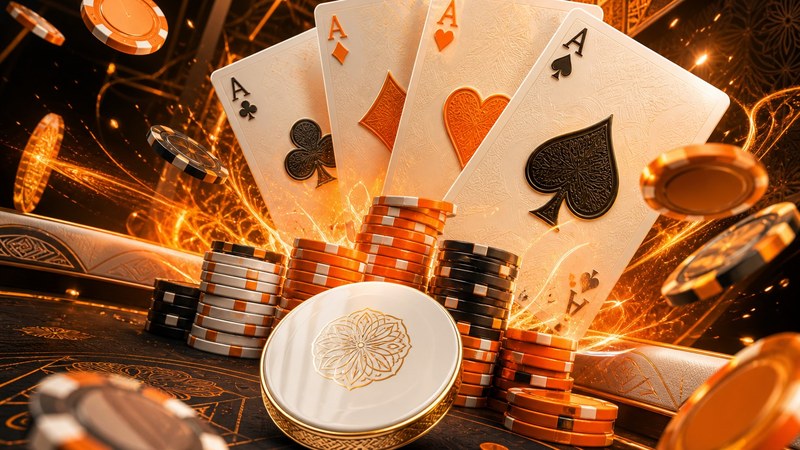 Ilustrasi meja poker dengan kartu dan tumpukan chip