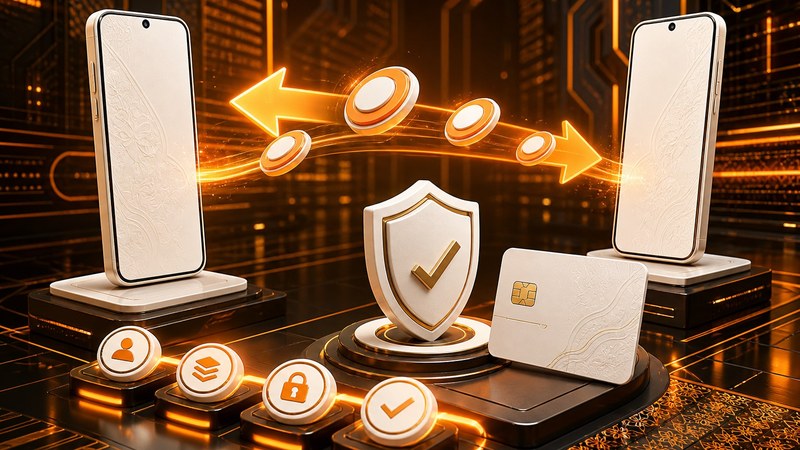Ilustrasi transaksi digital: laptop, ponsel, dan kartu pembayaran