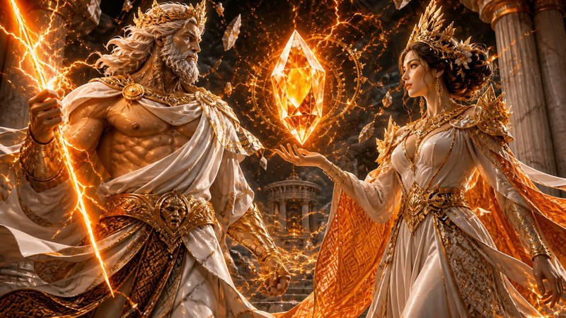 Ilustrasi petir menyambar pilar kuil Yunani kuno di malam hari